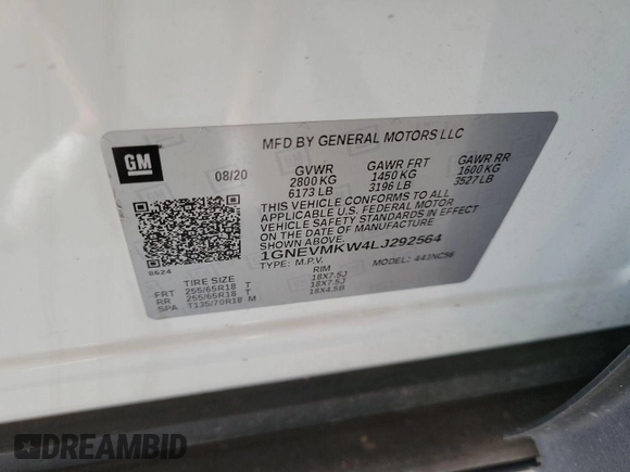 2020 Chevrolet Traverse LT Cloth z VIN 1GNEVMKW4LJ292564, wystawiony jako IAAI lot #42866891 z przebiegiem 72 750 mil mil oraz . Historia ofert i sprzedaży dostępna na DreamBid. Obrazek 3.