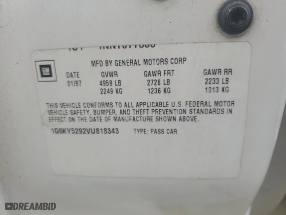 1997 Cadillac Seville Touring STS with VIN 1G6KY5292VU818343, listed as a Copart auction lot 86368564 with 0 mi miles and Non Repairable. Bid and sale history available at carsss.com. Image 12.
