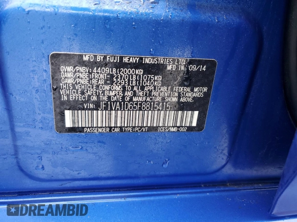 2015 Subaru WRX Premium with VIN JF1VA1D65F8815415, listed as a Copart auction lot 44946255 with 97,516 mi miles and Salvage Title. Bid and sale history available at carsss.com. Image 12.