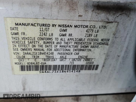 2008 Nissan Altima 2.5 SL with VIN 1N4AL21E18N454148, listed as a Copart auction lot 52396085 with 247,239 mi miles and Salvage Title. Bid and sale history available at carsss.com. Image 14.