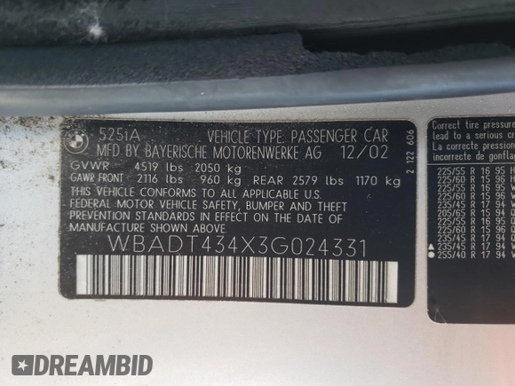 2003 BMW 5 Series 525iA with VIN WBADT434X3G024331, listed as a Copart auction lot 77311334 with 246,822 mi miles and Salvage Title. Bid and sale history available at carsss.com. Image 14.