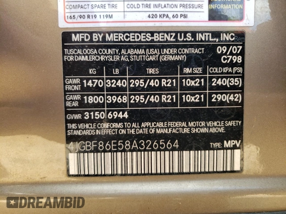 2008 Mercedes-Benz GL-Class 5.5L with VIN 4JGBF86E58A326564, listed as a Copart auction lot 72477614 with 169,947 mi miles and Salvage Title. Bid and sale history available at carsss.com. Image 16.