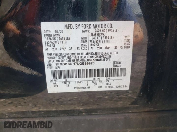 2020 Ford Explorer XLT z VIN 1FMSK8DH7LGB89920, wystawiony jako Copart lot #50982005 z przebiegiem 168 678 mil mil oraz Szkoda całkowita • Salvage title. Historia ofert i sprzedaży dostępna na DreamBid. Obrazek 13.