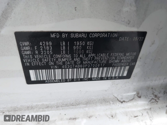 2023 Subaru Impreza with VIN 4S3GTAB60P3700817, listed as a IAAI auction lot 41501563 with 17,170 mi miles and . Bid and sale history available at DreamBid. Image 9.