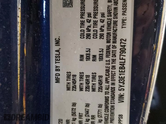 2020 Tesla Model 3 Long Range with VIN 5YJ3E1EB4LF790472, listed as a Copart auction lot 51779495 with Not Provided miles and Salvage Title. Bid and sale history available at DreamBid. Image 14.