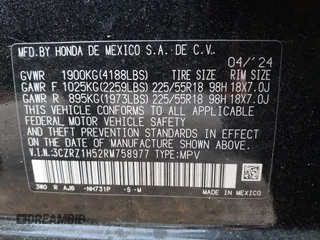 2024 Honda HR-V Sport with VIN 3CZRZ1H52RM758977, listed as a IAAI auction lot 40585814 with Not provided miles and . Bid and sale history available at DreamBid. Image 9.
