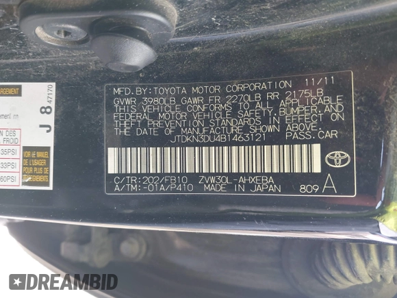 2011 Toyota Prius I with VIN JTDKN3DU4B1463121, listed as a IAAI auction lot 42057548 with 242,575 mi miles. Bid and sale history available at carsss.com. Image 9.