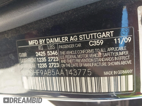 2010 Mercedes-Benz E-Class E 550 Luxury with VIN WDDHF9AB5AA143775, listed as a IAAI auction lot 41980967 with 1 mi miles. Bid and sale history available at carsss.com. Image 9.