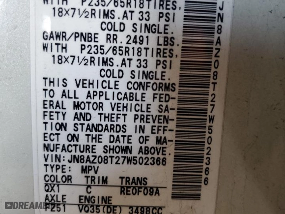 2007 Nissan Murano S with VIN JN8AZ08T27W502366, listed as a Copart auction lot 51019105 with 70,502 mi miles and Salvage Title. Bid and sale history available at carsss.com. Image 12.