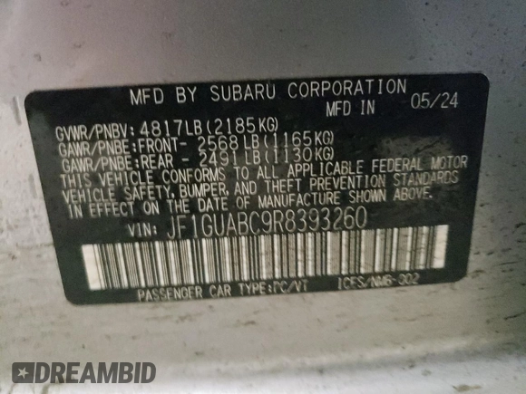 2024 Subaru Impreza with VIN JF1GUABC9R8393260, listed as a Copart auction lot 89240265 with 3,690 mi miles and Salvage Title. Bid and sale history available at carsss.com. Image 12.