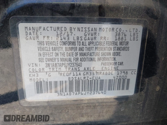2018 Nissan Sentra S with VIN 3N1AB7AP6JY237640, listed as a IAAI auction lot 42131498 with 155,758 mi miles and . Bid and sale history available at DreamBid. Image 9.