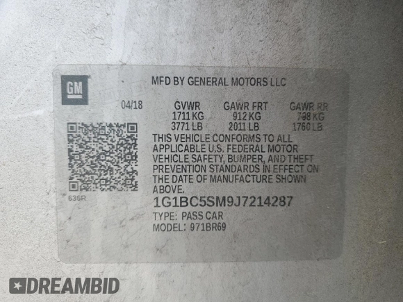 2018 Chevrolet Cruze LS with VIN 1G1BC5SM9J7214287, listed as a Copart auction lot 54958255 with 32,709 mi miles and Salvage Title. Bid and sale history available at DreamBid. Image 12.