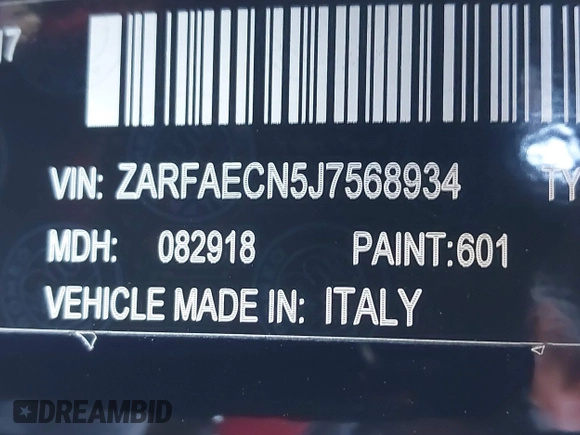 2018 Alfa Romeo Giulia Ti with VIN ZARFAECN5J7568934, listed as a IAAI auction lot 40881530 with 32,534 mi miles and . Bid and sale history available at DreamBid. Image 9.