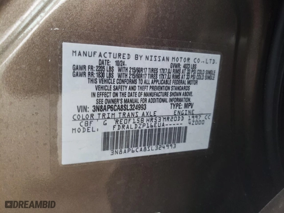 2025 Nissan Kicks SV with VIN 3N8AP6CA8SL324993, listed as a Copart auction lot 45036445 with 618 mi miles and Salvage Title. Bid and sale history available at carsss.com. Image 13.