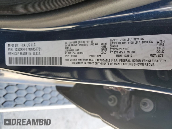 2022 Ram 1500 Big Horn with VIN 1C6SRFFT7NN457781, listed as a Copart auction lot 48714765 with 67,886 mi miles and Salvage Title. Bid and sale history available at carsss.com. Image 12.