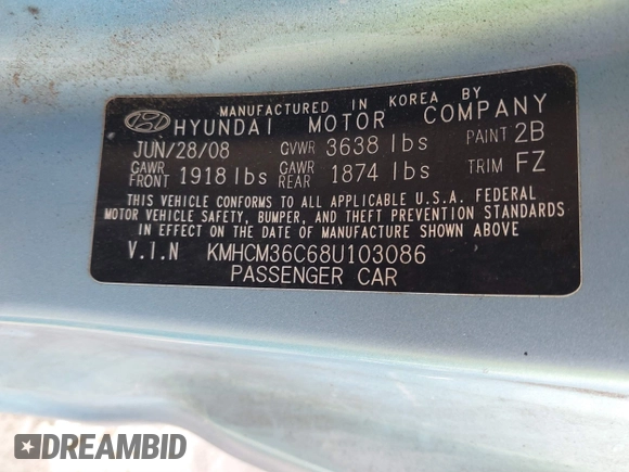 2008 Hyundai Accent GS with VIN KMHCM36C68U103086, listed as a IAAI auction lot 41792536 with 100,721 mi miles. Bid and sale history available at carsss.com. Image 9.