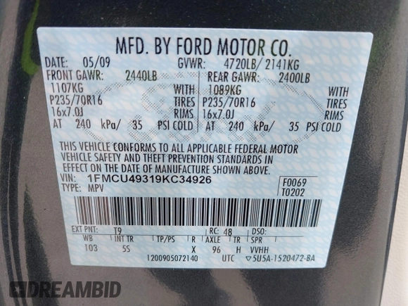 2009 Ford Escape Hybrid z VIN 1FMCU49319KC34926, wystawiony jako IAAI lot #42295564 z przebiegiem 125 648 mil mil oraz . Historia ofert i sprzedaży dostępna na DreamBid. Obrazek 9.