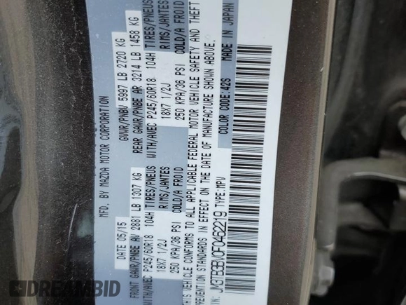 2015 Mazda CX-9 Sport z VIN JM3TB3BV0F0462219, wystawiony jako Copart lot #55605155 z przebiegiem 162 589 mil mil oraz Szkoda całkowita • Salvage title. Historia ofert i sprzedaży dostępna na DreamBid. Obrazek 13.