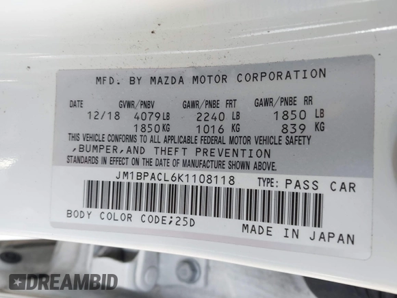 2019 Mazda 3 w/Select Pkg with VIN JM1BPACL6K1108118, listed as a IAAI auction lot 41743267 with 54,947 mi miles. Bid and sale history available at carsss.com. Image 9.