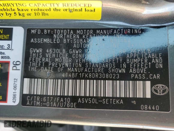 2013 Toyota Camry L with VIN 4T4BF1FK8DR308023, listed as a Copart auction lot 47042615 with Not Provided miles and Salvage Title. Bid and sale history available at carsss.com. Image 12.