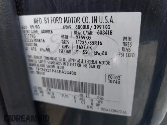 2004 Ford F-250 XL с VIN 1FTNX21P44EA53480, выставлен на аукционе IAAI как лот 42438211 с пробегом 111 981 миль миль и . История ставок и продаж доступна на DreamBid. Изображение 9.