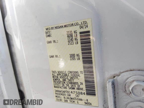 2014 Nissan Maxima SV z VIN 1N4AA5AP7EC475084, wystawiony jako IAAI lot #41624955 z przebiegiem 112 025 mil mil oraz . Historia ofert i sprzedaży dostępna na DreamBid. Obrazek 9.
