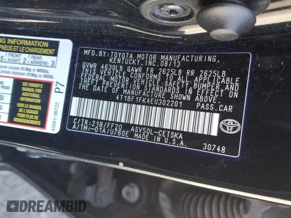 2014 Toyota Camry L with VIN 4T1BF1FK4EU302201, listed as a Copart auction lot 52169875 with 80,644 mi miles and Salvage Title. Bid and sale history available at DreamBid. Image 14.