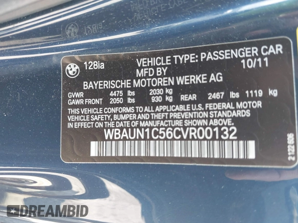 2012 BMW 1 Series 128i with VIN WBAUN1C56CVR00132, listed as a IAAI auction lot 42387792 with 122,741 mi miles and . Bid and sale history available at DreamBid. Image 9.