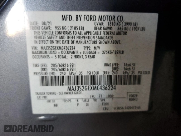 2021 Ford EcoSport SE z VIN MAJ3S2GEXMC436224, wystawiony jako Copart lot #80587304 z przebiegiem 35 625 mil mil oraz Szkoda całkowita • Salvage title. Historia ofert i sprzedaży dostępna na DreamBid. Obrazek 13.