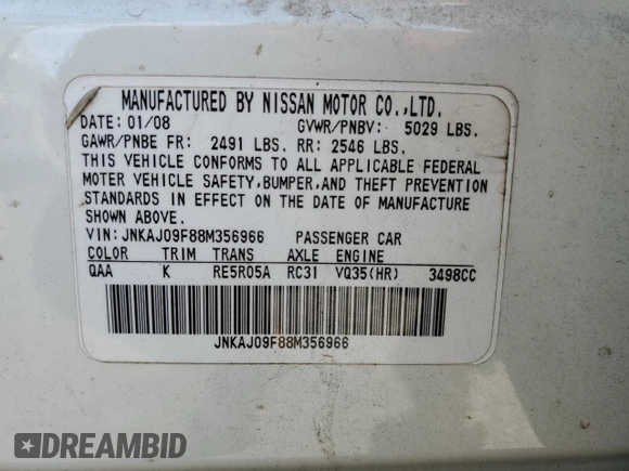 2008 Infiniti EX Journey with VIN JNKAJ09F88M356966, listed as a Copart auction lot 79953024 with 175,147 mi miles and Salvage Title. Bid and sale history available at DreamBid. Image 13.