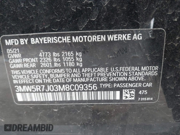 2021 BMW 3 Series 330i xDrive with VIN 3MW5R7J03M8C09356, listed as a IAAI auction lot 41804038 with 86,239 mi miles and . Bid and sale history available at DreamBid. Image 9.