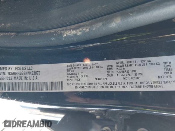 2022 Ram 1500 Big Horn z VIN 1C6RRFBG7NN423072, wystawiony jako IAAI lot #41531127 z przebiegiem 41 347 mil mil oraz . Historia ofert i sprzedaży dostępna na DreamBid. Obrazek 9.