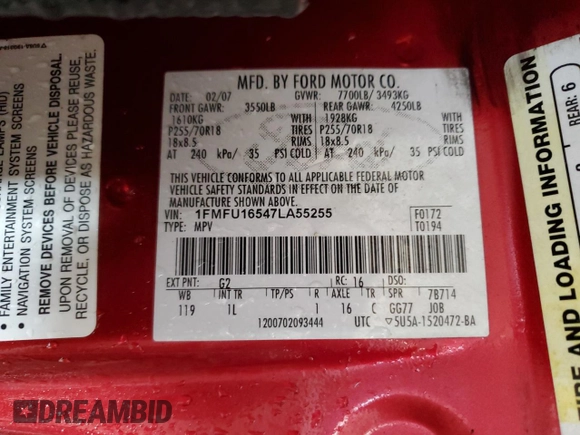 2007 Ford Expedition XLT with VIN 1FMFU16547LA55255, listed as a Copart auction lot 62493755 with 118,463 mi miles and Salvage title. Bid and sale history available at DreamBid. Image 13.