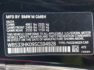 2025 BMW M4 Competition xDrive with VIN WBS33HK09SCS94928, listed as a IAAI auction lot 41485190 with 7,123 mi miles. Bid and sale history available at carsss.com. Image 9.