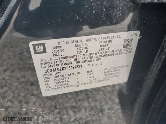 2015 Chevrolet Equinox LT with VIN 2GNALBEK3F6424331, listed as a Copart auction lot 52497565 with 142,428 mi miles and Clean Title. Bid and sale history available at carsss.com. Image 14.