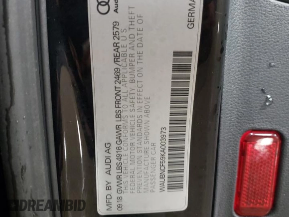 2019 Audi A5 Sportback Premium Plus with VIN WAUBNCF59KA003973, listed as a Copart auction lot 82727443 with 83,187 mi miles. Bid and sale history available at carsss.com. Image 12.