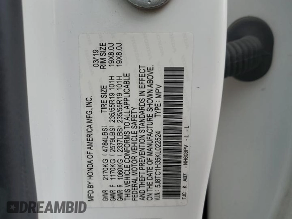2019 Acura RDX with VIN 5J8TC1H35KL022524, listed as a Copart auction lot 53911695 with 92,277 mi miles and Salvage title. Bid and sale history available at DreamBid. Image 12.
