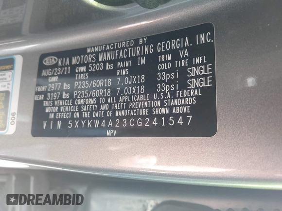 2012 Kia Sorento SX with VIN 5XYKW4A23CG241547, listed as a IAAI auction lot 41939973 with 135,986 mi miles. Bid and sale history available at carsss.com. Image 9.