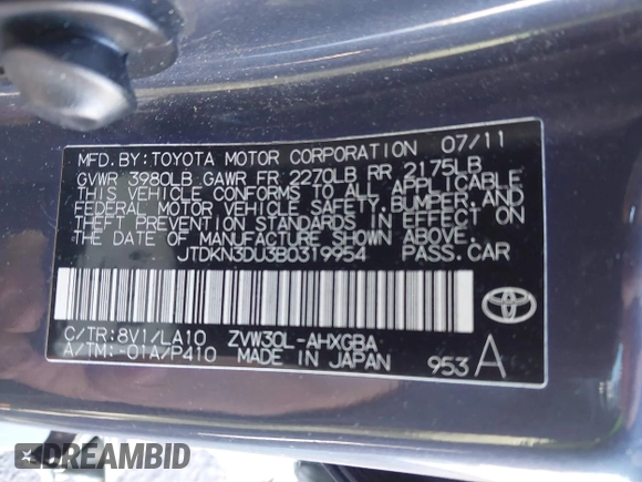 2011 Toyota Prius I with VIN JTDKN3DU3B0319954, listed as a IAAI auction lot 41367940 with 162,127 mi miles and . Bid and sale history available at DreamBid. Image 9.
