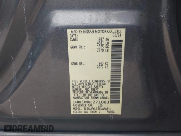 2014 Nissan Altima SL z VIN 1N4BL3AP0EC271083, wystawiony jako IAAI lot #41920872 z przebiegiem 97 915 mil mil oraz . Historia ofert i sprzedaży dostępna na DreamBid. Obrazek 9.