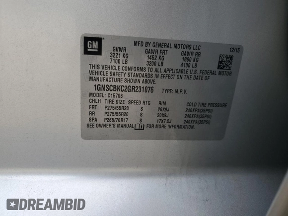 2016 Chevrolet Tahoe LT with VIN 1GNSCBKC2GR231076, listed as a Copart auction lot 54501765 with 155,955 mi miles and Non repairable. Bid and sale history available at DreamBid. Image 13.