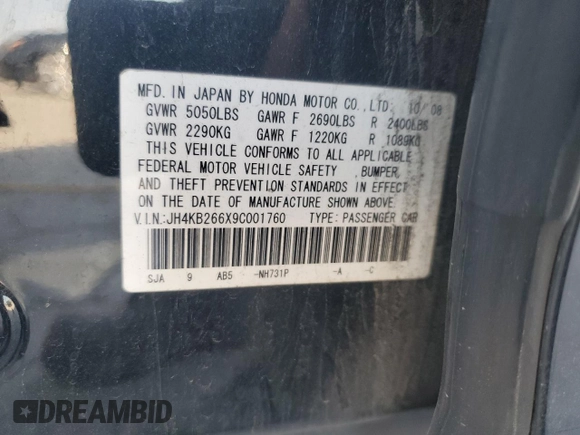 2009 Acura RL Tech Pkg with VIN JH4KB266X9C001760, listed as a Copart auction lot 52303615 with 232,253 mi miles and Salvage Title. Bid and sale history available at carsss.com. Image 12.