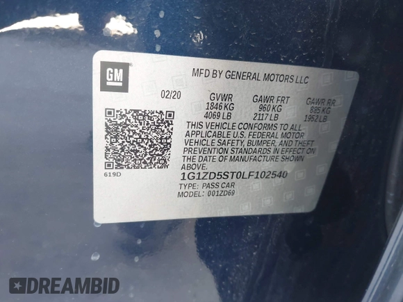 2020 Chevrolet Malibu LT with VIN 1G1ZD5ST0LF102540, listed as a IAAI auction lot 42093278 with 84,654 mi miles and . Bid and sale history available at DreamBid. Image 9.