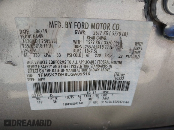 2020 Ford Explorer XLT with VIN 1FMSK7DH8LGA09516, listed as a IAAI auction lot 41650942 with 113,000 mi miles and . Bid and sale history available at carsss.com. Image 9.