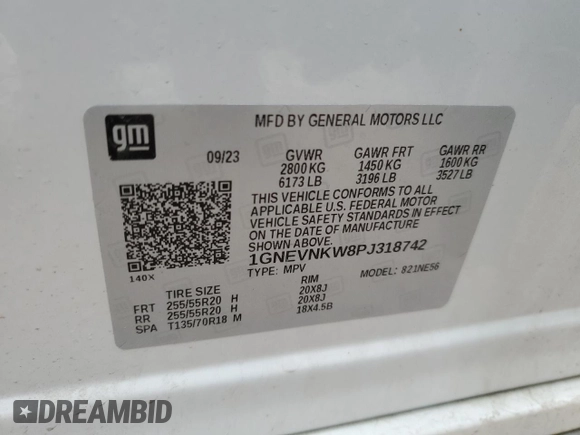 2023 Chevrolet Traverse High Country with VIN 1GNEVNKW8PJ318742, listed as a Copart auction lot 53361995 with 26,687 mi miles and Salvage title. Bid and sale history available at DreamBid. Image 14.