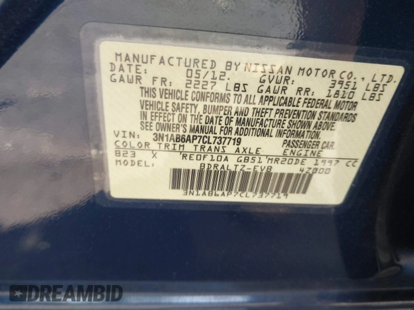 2012 Nissan Sentra SR with VIN 3N1AB6AP7CL737719, listed as a IAAI auction lot 42212932 with 96,750 mi miles and . Bid and sale history available at DreamBid. Image 9.