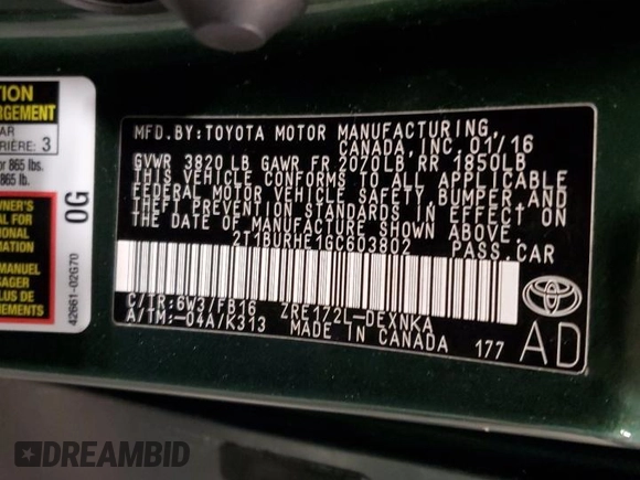 2016 Toyota Corolla L with VIN 2T1BURHE1GC603802, listed as a Copart auction lot 63746475 with 91,198 mi miles and Non repairable. Bid and sale history available at DreamBid. Image 12.