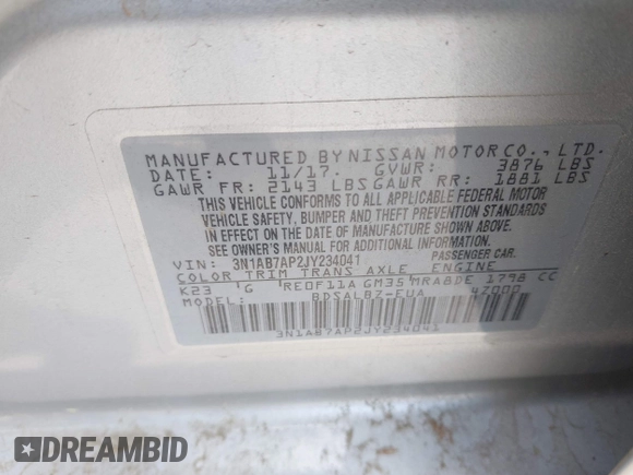 2018 Nissan Sentra SR with VIN 3N1AB7AP2JY234041, listed as a IAAI auction lot 42060438 with 133,628 mi miles and . Bid and sale history available at DreamBid. Image 9.