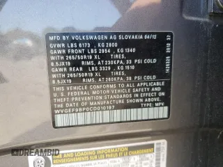 2012 Volkswagen Touareg Sport with VIN WVGEF9BP0CD010197, listed as a Copart auction lot 48480355 with 131,605 mi miles and Salvage Title. Bid and sale history available at DreamBid. Image 12.