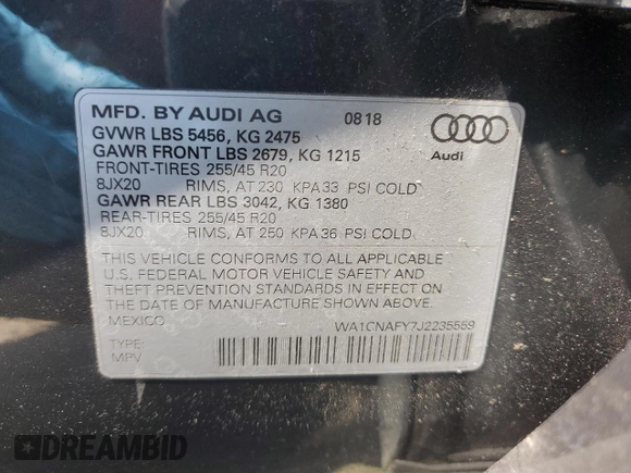 2018 Audi Q5 Prestige with VIN WA1CNAFY7J2235559, listed as a Copart auction lot 52076415 with 62,340 mi miles and Salvage Title. Bid and sale history available at carsss.com. Image 13.